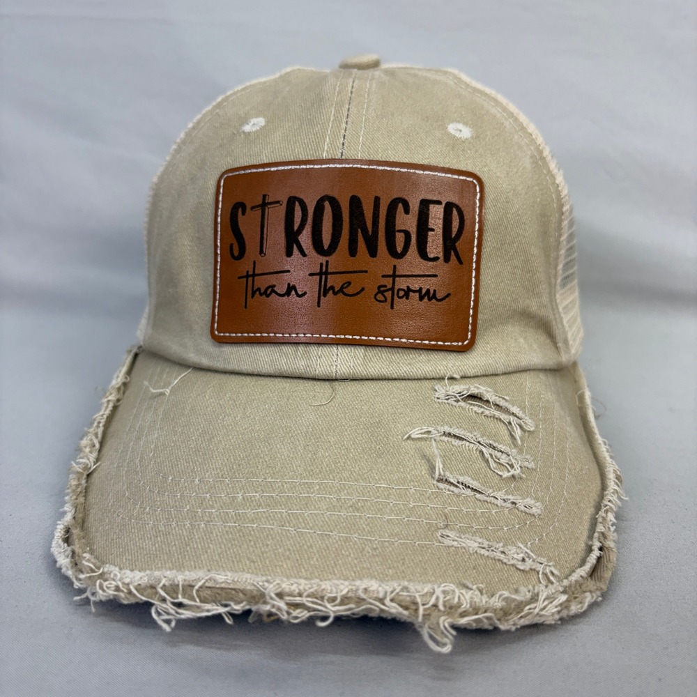 Stronger Than the Storm Christian Cross Patch Distressed Trucker Hat Snapback